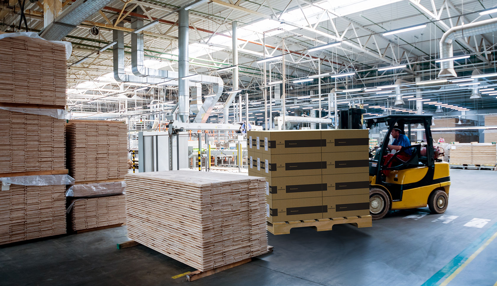 forklift moving packaging in a factory