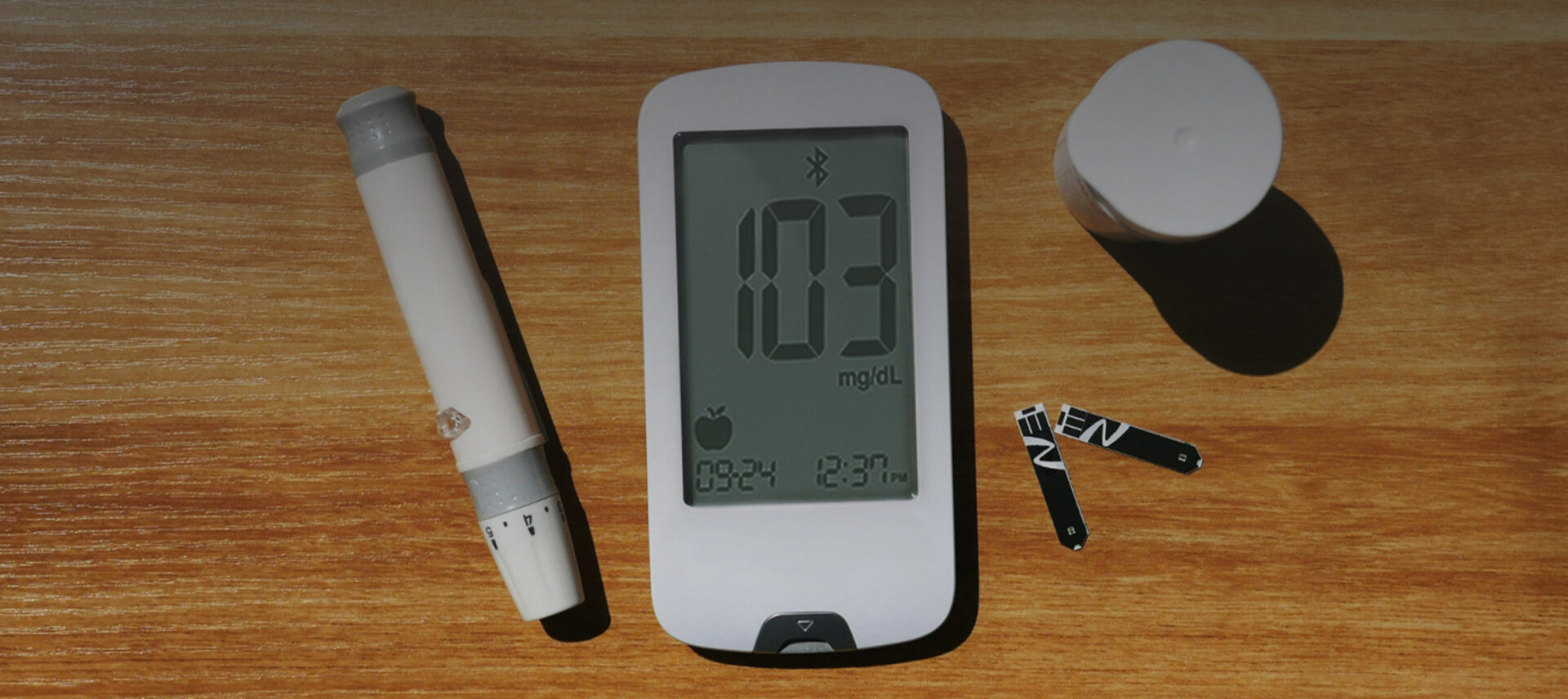 home blood sugar test kit on a tabletop